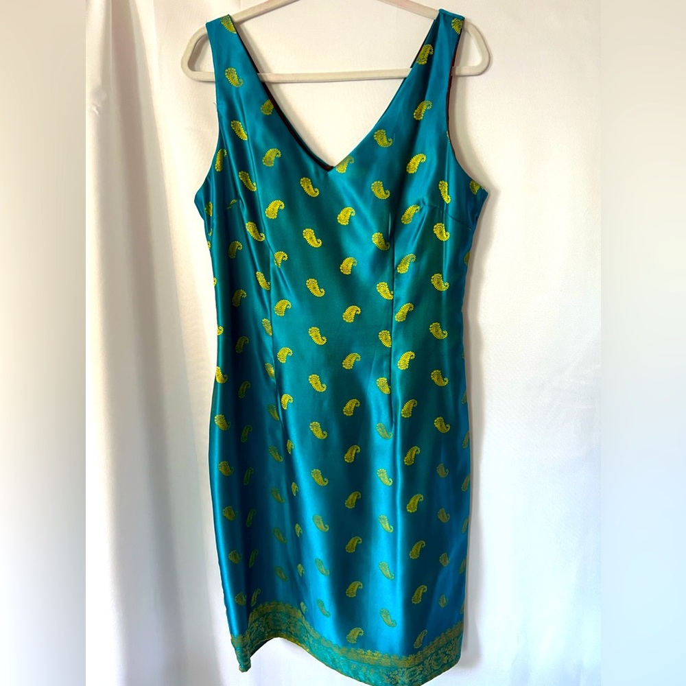 Vintage Mica size 12 sheath dress Paisley sleeveless teal and gold. Org: $125